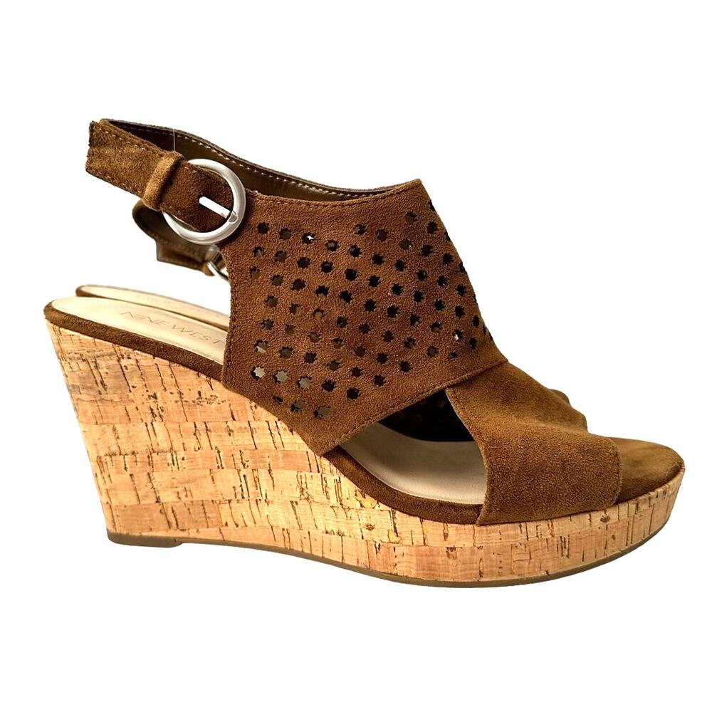 Nine West Leather Sz 9 Cork Sandals Open Toe Strappy Buckle Espadrille Brown